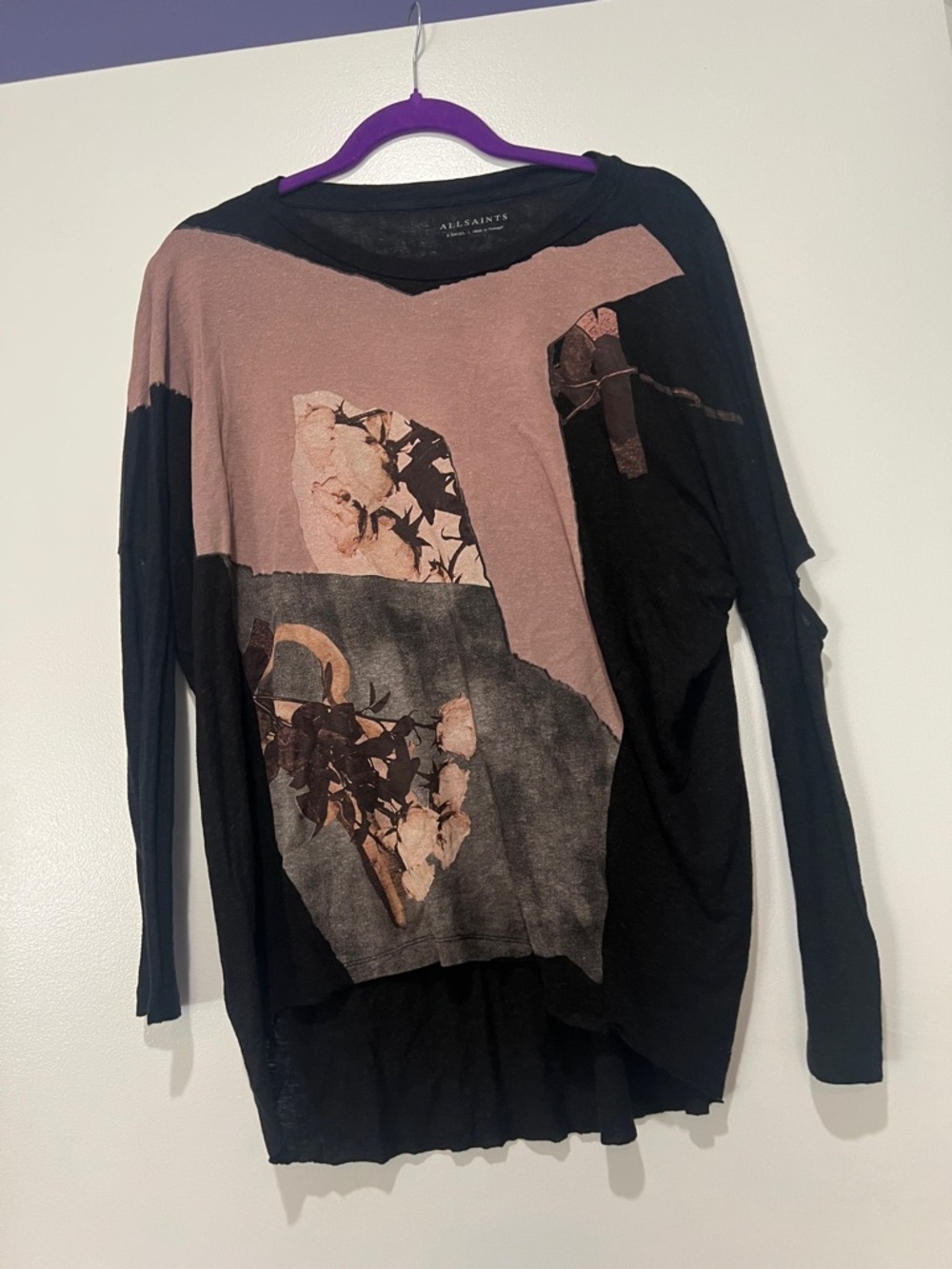 AllSaints Black and Mauve Abstract Graphic Long Sleeve Tee XS